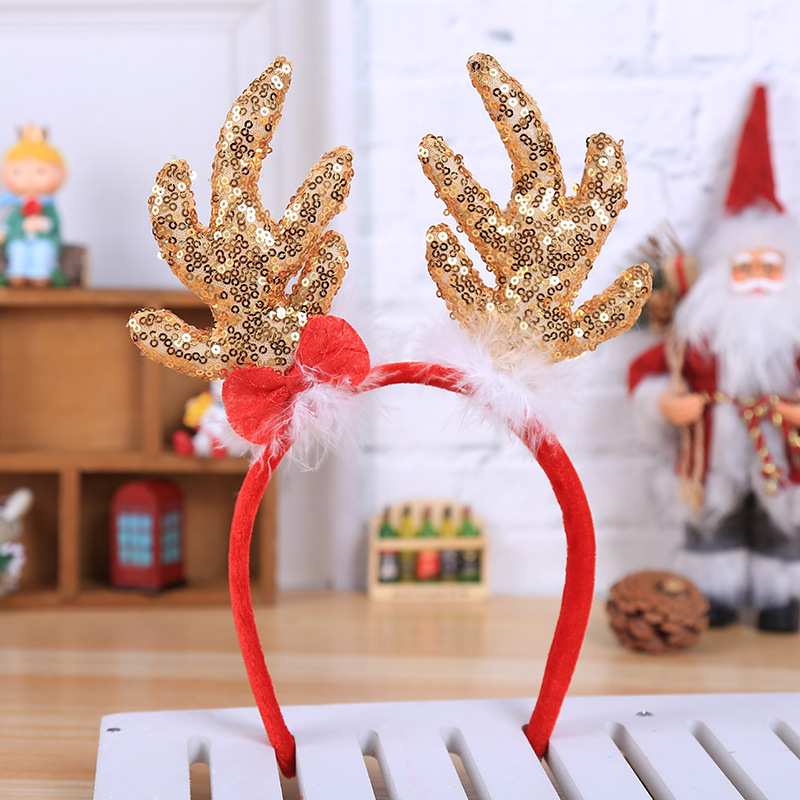 Christmas Hair Ornament With Big Antlers And Gold Sequins With Bow 5 Christmas Hair Ornament With Big Antlers And Gold Sequins With Bow - Image 5