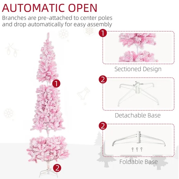 7.5' Tall Unlit Snow Flocked Artificial Christmas Tree Slim Pencil Xmas Tree With Pine Shape And Realistic Branches, Pink - Image 3