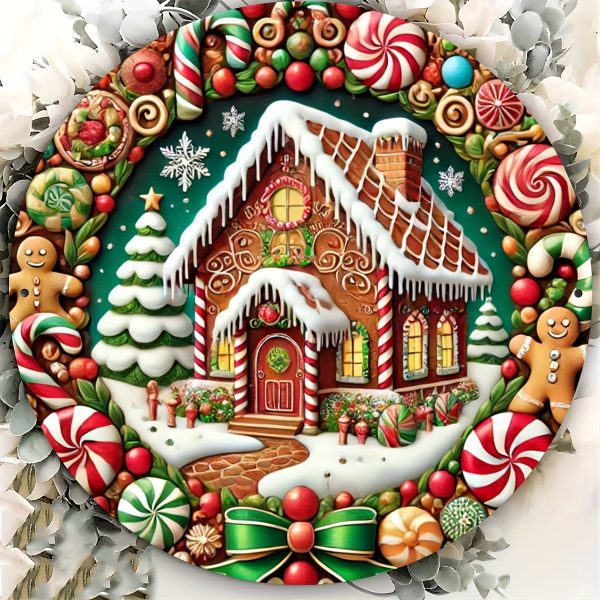 Christmas Candy Gingerbread Man Christmas Tree House Round Wooden Sign Door Plate - Image 2