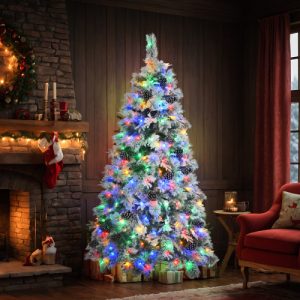 6FT Pre-Lit Spruce Snow Flocked Christmas Tree With Pine Cones, Artificial Xmas Tree With 403 Branch Tips,Mixed PE  PVC Branches, 250 Multi-Color LED Lights, 11 Flashing Modes, Holiday Decor