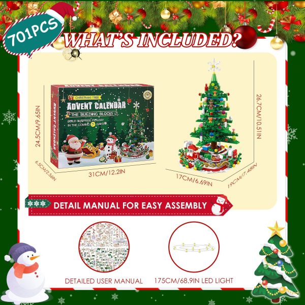 2025 Year Christmas Tree Building Set With LED Light Tabletop Christmas Building Block 24 Days Christmas Countdown Calendar For Boys Girls 3-6 - Image 7