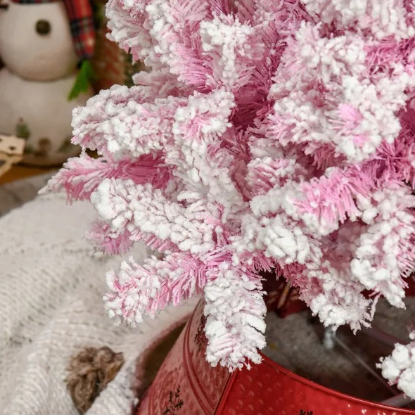 7.5' Tall Unlit Snow Flocked Artificial Christmas Tree Slim Pencil Xmas Tree With Pine Shape And Realistic Branches, Pink - Image 4