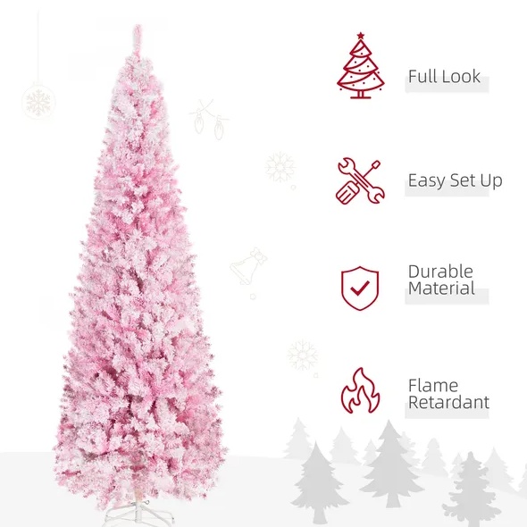 7.5' Tall Unlit Snow Flocked Artificial Christmas Tree Slim Pencil Xmas Tree With Pine Shape And Realistic Branches, Pink - Image 6