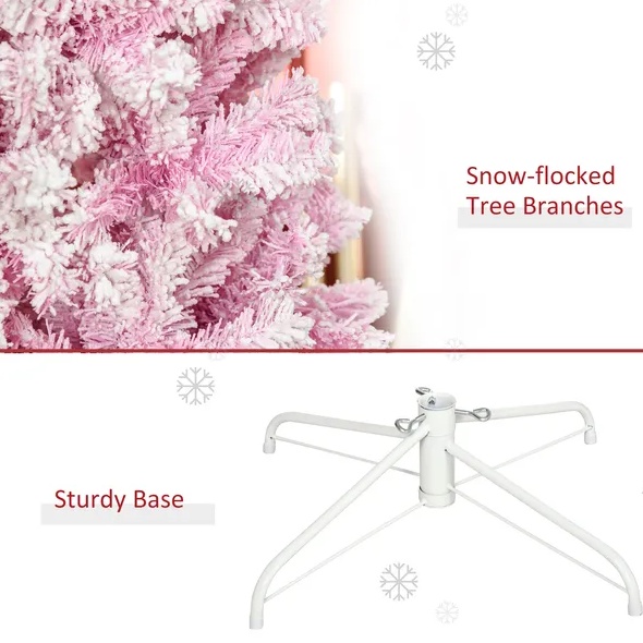 7.5' Tall Unlit Snow Flocked Artificial Christmas Tree Slim Pencil Xmas Tree With Pine Shape And Realistic Branches, Pink - Image 5