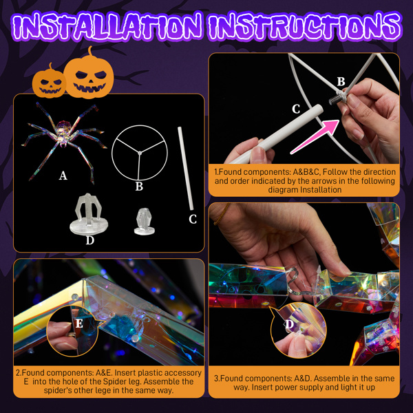 3ft Prism Spider, Illusion, 340 Purple Copper Wire Light, 4.5V 3.6W Halloween Standing Decoration US Specification - Image 4