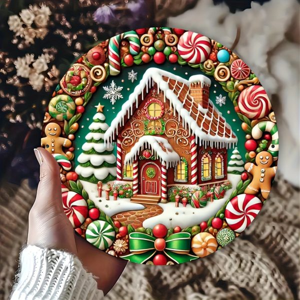 Christmas Candy Gingerbread Man Christmas Tree House Round Wooden Sign Door Plate - Image 4