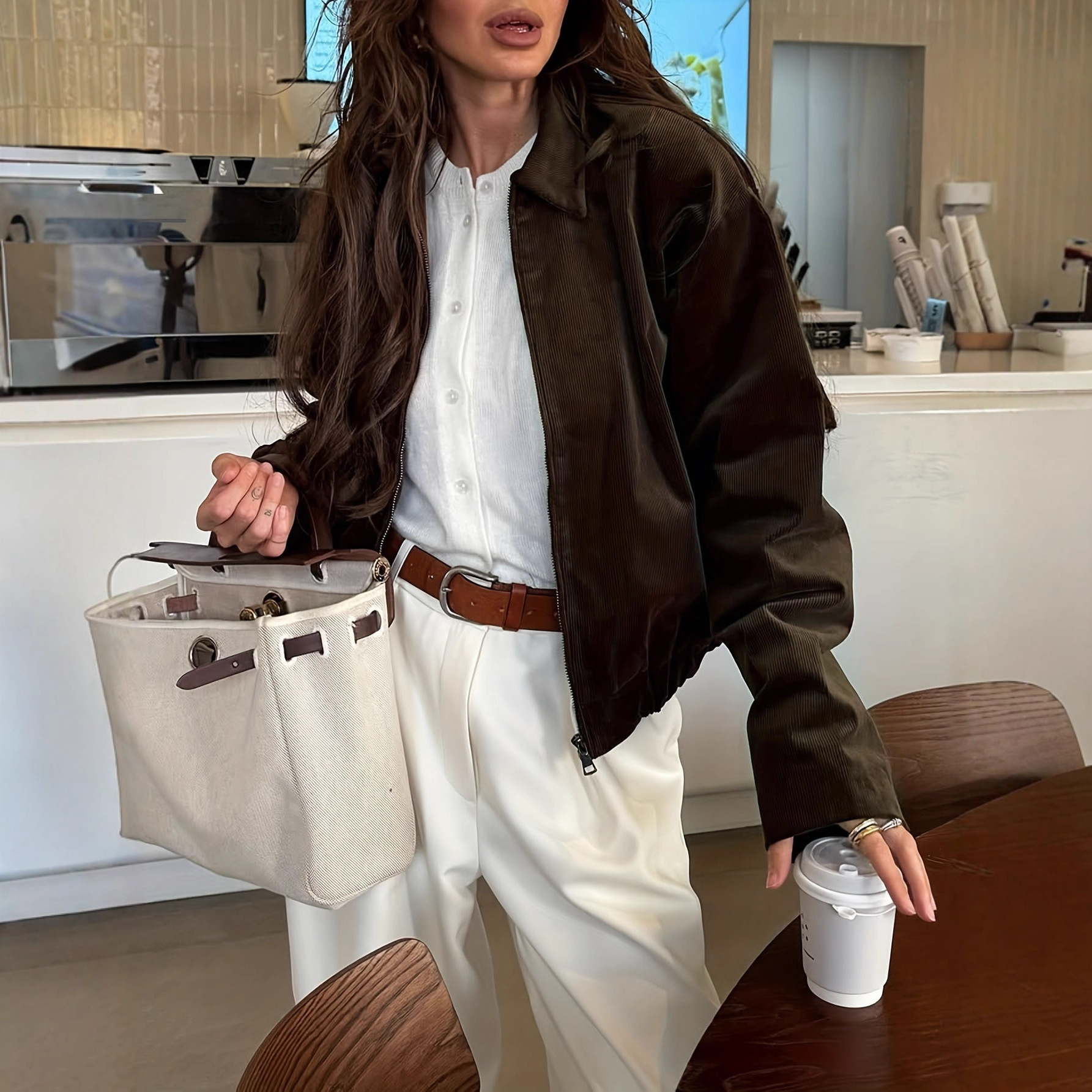 women’s zip jacket brown front view