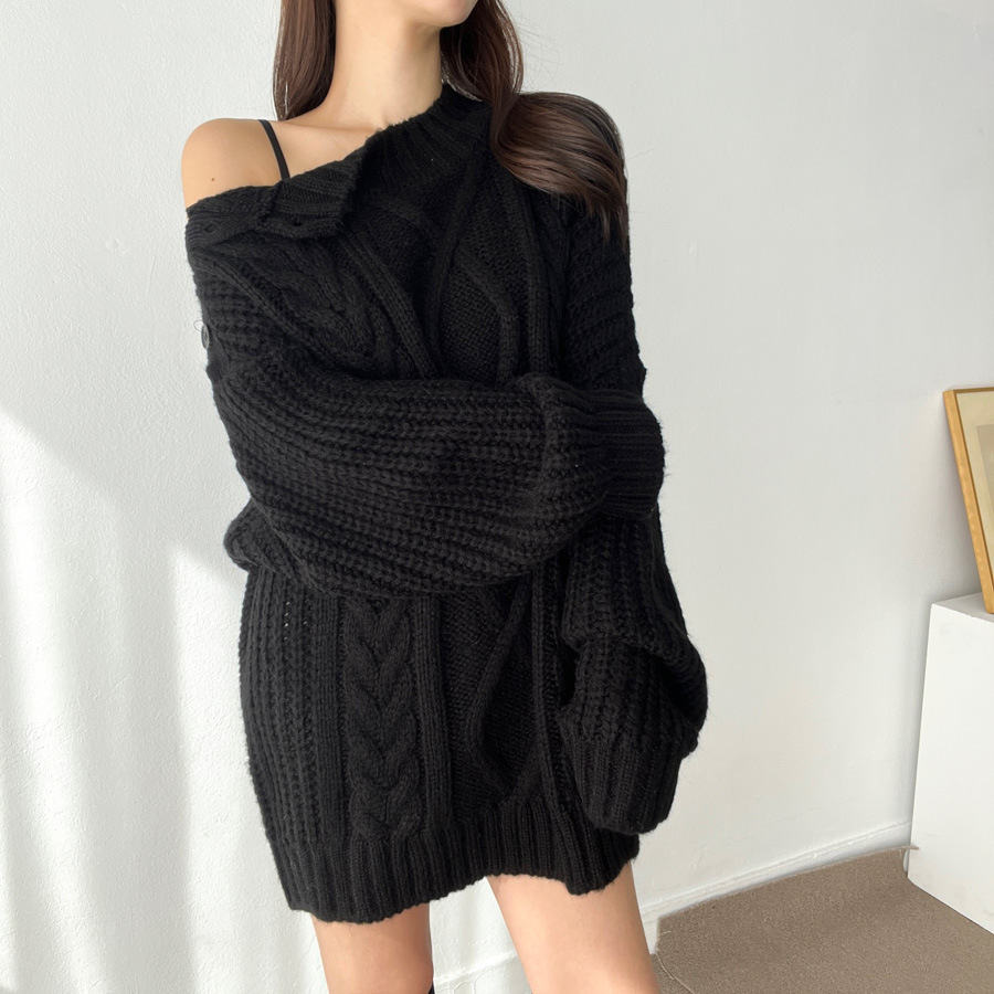 Retro Simple Round Neck Side Buckle Off-the-shoulder Design Dress 2 Retro Simple Round Neck Side Buckle Off-the-shoulder Design Dress - Image 2
