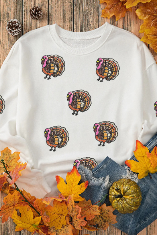 White Thanksgiving Turkey Sequin Patched Pullover Sweatshirt - Image 5
