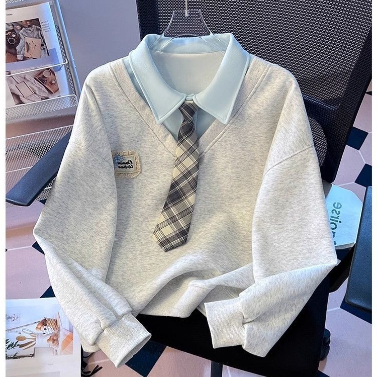 Fake Two-piece Tie Polo Collar Sweater For Women Spring And Autumn New Loose-fitting Non-hoodie 2 Fake Two-piece Tie Polo Collar Sweater For Women Spring And Autumn New Loose-fitting Non-hoodie - Image 2