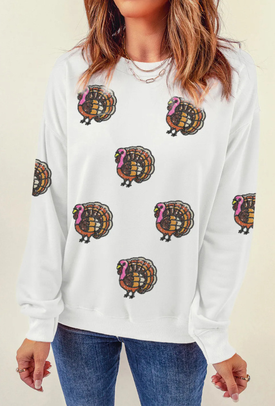 White Thanksgiving Turkey Sequin Patched Pullover Sweatshirt - Image 2