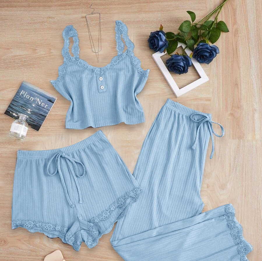 Lace Lace Spaghetti-strap Vest Long Pants Pajamas Ladies Three-piece Set - Image 4