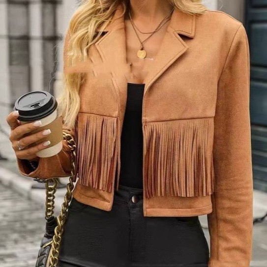 Long Sleeve Locomotive Style Suede Short Tassel Coat 1 Long Sleeve Locomotive Style Suede Short Tassel Coat