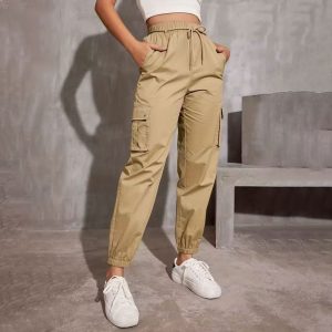 High waist wide leg sports pants khaki front view