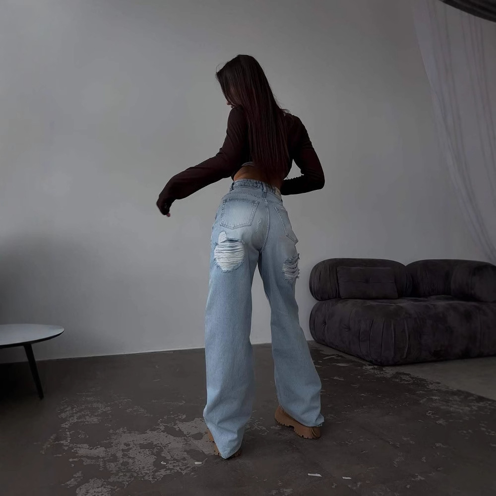 Retro Spicy High Waist Straight Mop Back Ripped Design Jeans - Image 2