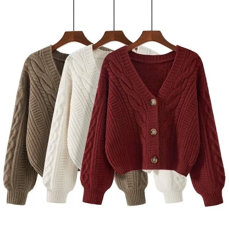 Retro V-neck Knitted Cardigan Women's Short Sweater 1 Retro V-neck Knitted Cardigan Women's Short Sweater