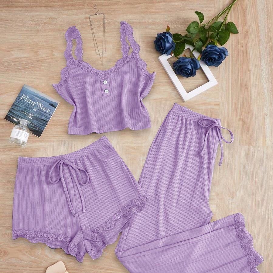 Lace Lace Spaghetti-strap Vest Long Pants Pajamas Ladies Three-piece Set - Image 9