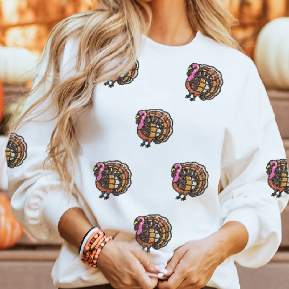 White Thanksgiving Turkey Sequin Patched Pullover Sweatshirt