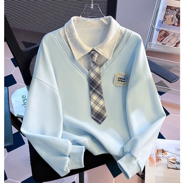 Fake Two-piece Tie Polo Collar Sweater For Women Spring And Autumn New Loose-fitting Non-hoodie 6 Fake Two-piece Tie Polo Collar Sweater For Women Spring And Autumn New Loose-fitting Non-hoodie - Image 6