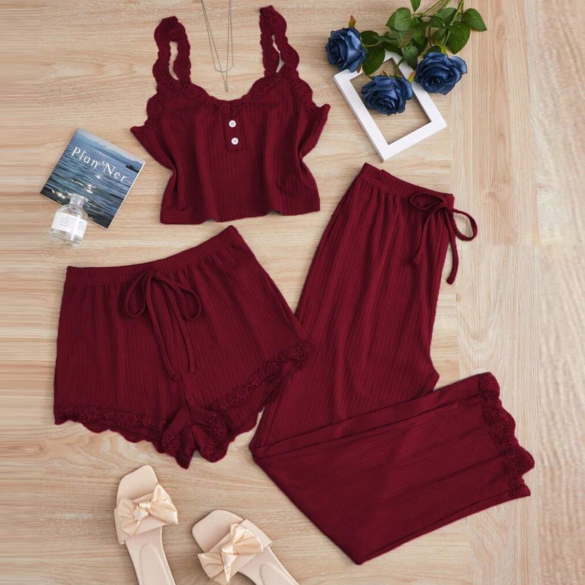 lace spaghetti strap pajamas set wine red