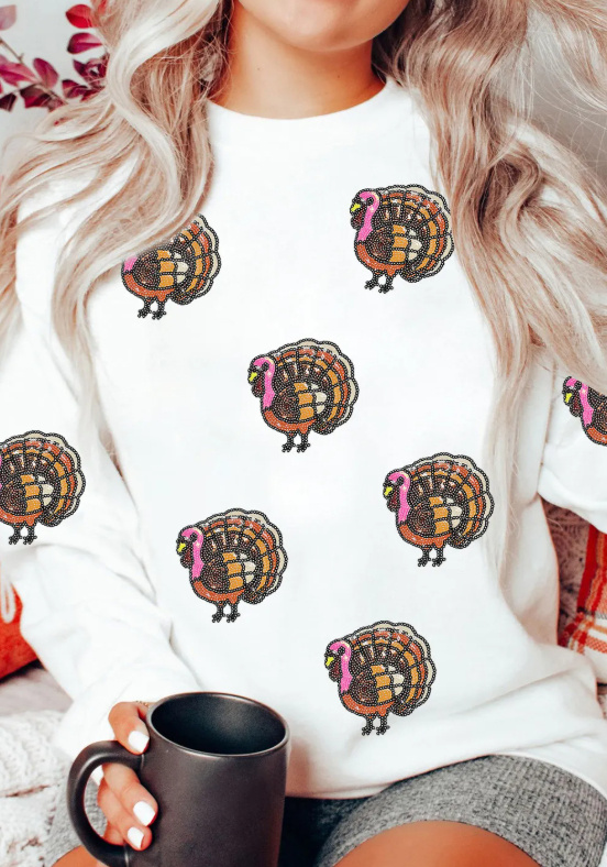 White Thanksgiving Turkey Sequin Patched Pullover Sweatshirt - Image 4