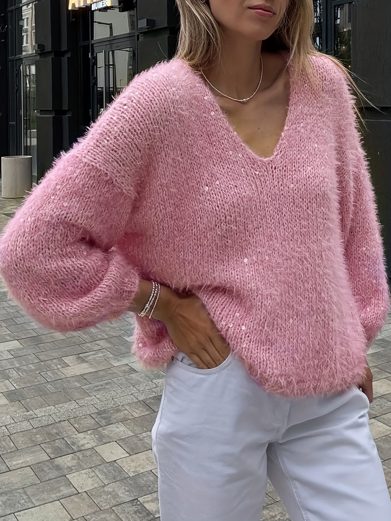Loose Shiny Pink Women's Sweater 2 Loose Shiny Pink Women's Sweater - Image 2