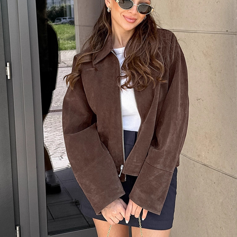 Vintage Brown Suede Lapel Baggy Coat for Women – Front View