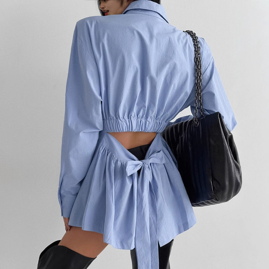 Temperament Commute All-match Cotton Shirt Long-sleeved Lace-up Top - Image 3