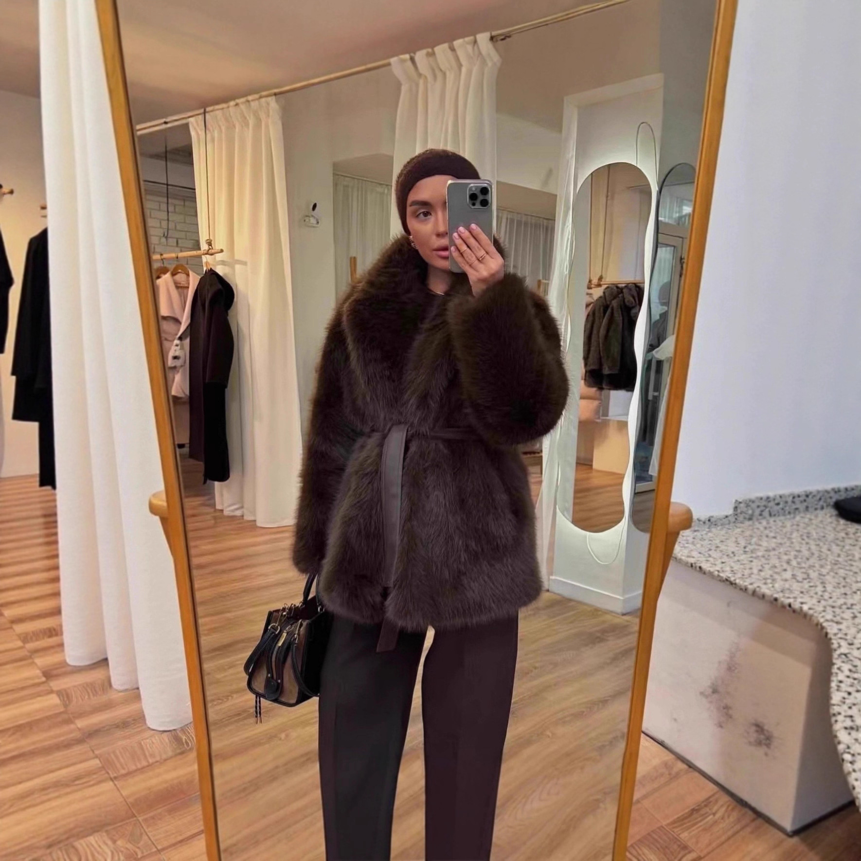 With Belt Artificial Wool Coat Mid-length 3 With Belt Artificial Wool Coat Mid-length - Image 3