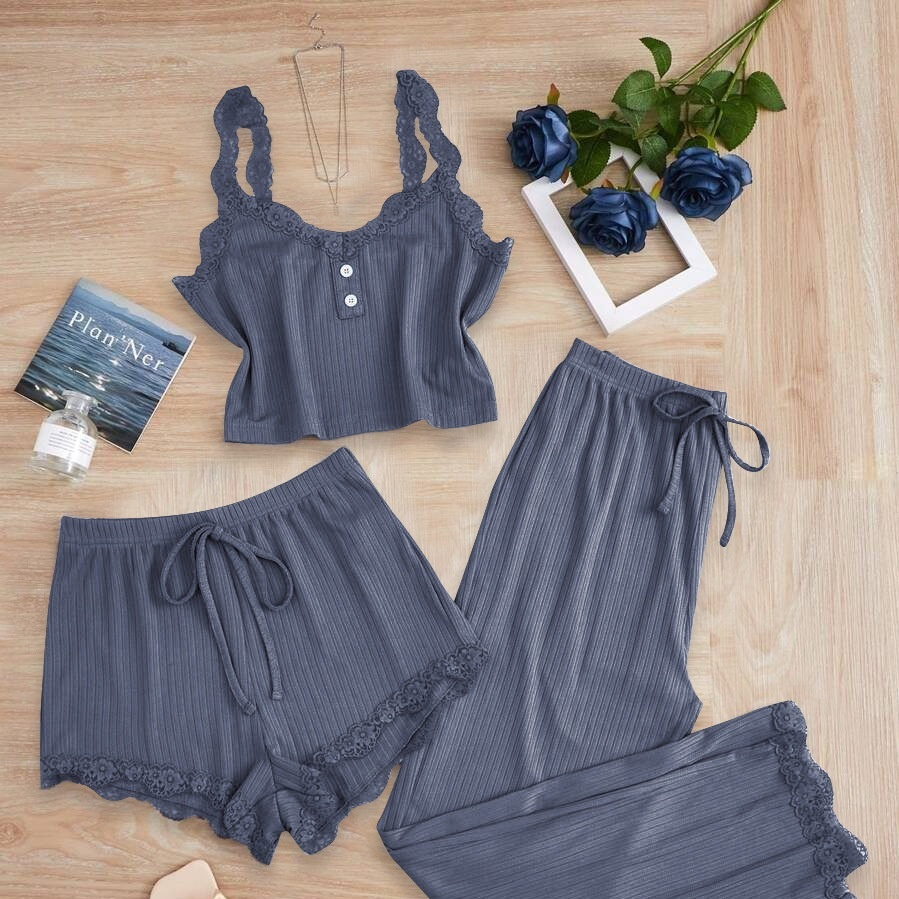 Lace Lace Spaghetti-strap Vest Long Pants Pajamas Ladies Three-piece Set - Image 5