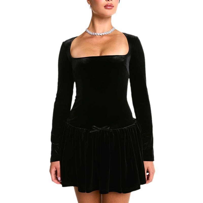 Women's High-grade Velvet Slim Fit Long-sleeved Ruffled Dress 6 Women's High-grade Velvet Slim Fit Long-sleeved Ruffled Dress - Image 6