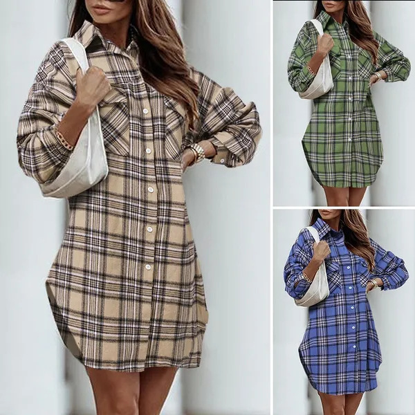 Women's Printed Plaid Plus Size Pocket Shirt Dress 3 Women's Printed Plaid Plus Size Pocket Shirt Dress - Image 3