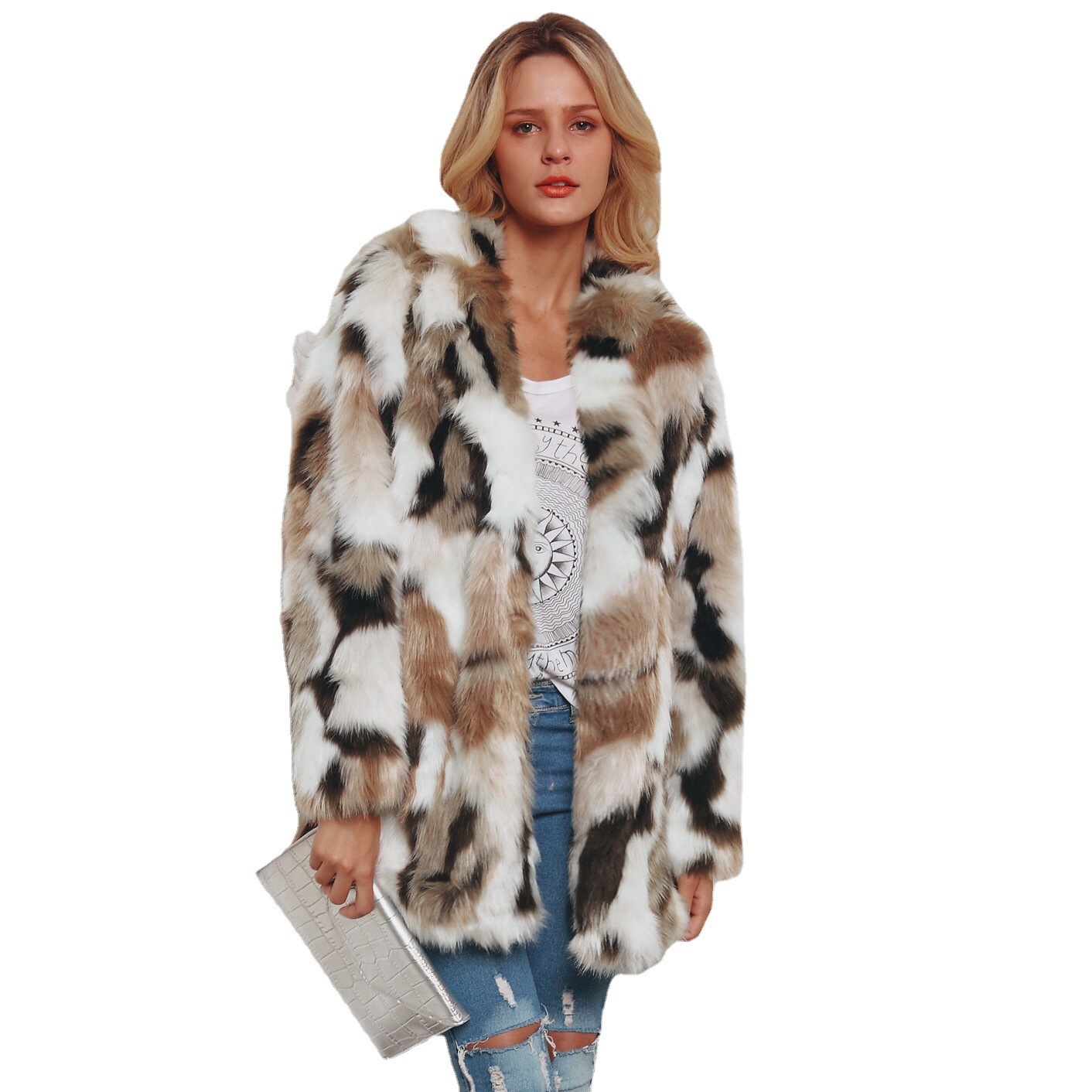 European And American Fashion Tailored Suit Collar Mixed Color Faux Fur Coat 5 European And American Fashion Tailored Suit Collar Mixed Color Faux Fur Coat - Image 5