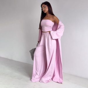 Casual Loose Cardigan Straight-leg Pants Tube Top Suit